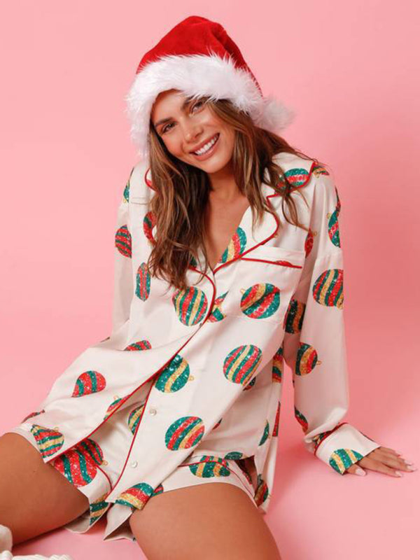 Levoire | Femmes Nouveau Satin Carreaux Imprimé Noël Homme Loisirs Shorts Manches Longues Vêtements D'intérieur Costume de Pyjama Ensemble Muster1