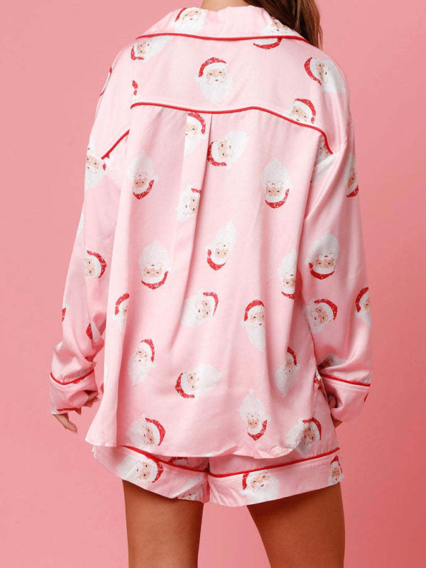 Levoire | Femmes Nouveau Satin Carreaux Imprimé Noël Homme Loisirs Shorts Manches Longues Vêtements D'intérieur Costume de Pyjama Ensemble