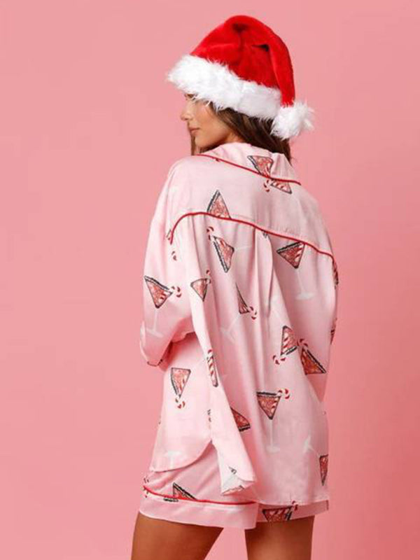 Levoire | Femmes Nouveau Satin Carreaux Imprimé Noël Homme Loisirs Shorts Manches Longues Vêtements D'intérieur Costume de Pyjama Ensemble