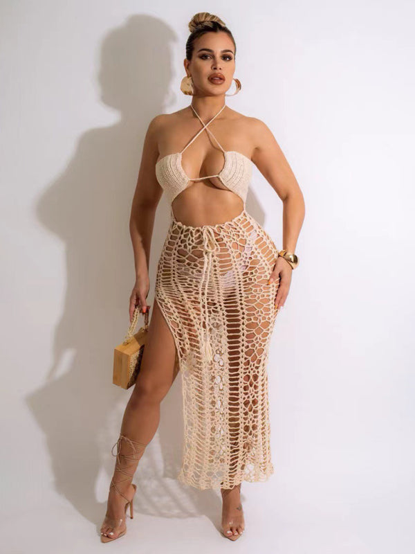 Levoire | Robe de vacances longue à volants pour femmes avec fente latérale élastique Krakker khaki
