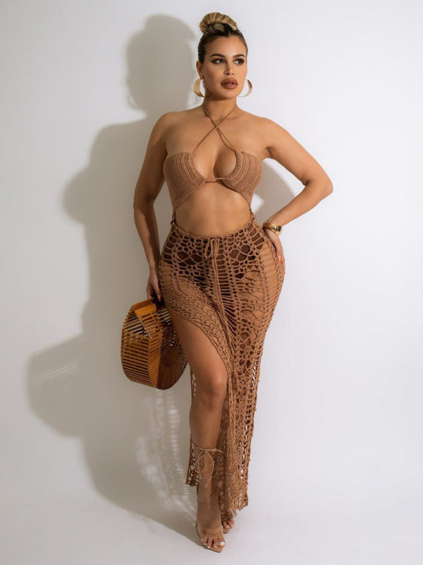 Levoire | Robe de vacances longue à volants pour femmes avec fente latérale élastique Braun