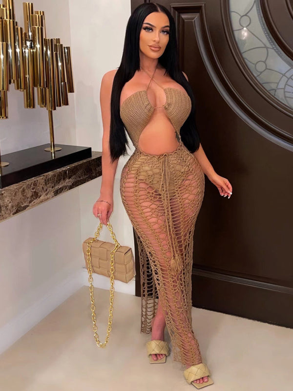 Levoire | Robe de vacances longue à volants pour femmes avec fente latérale élastique Khaki