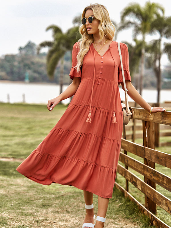 Levoire | Femme nouvelle simple décontractée robe longue à col V Orange
