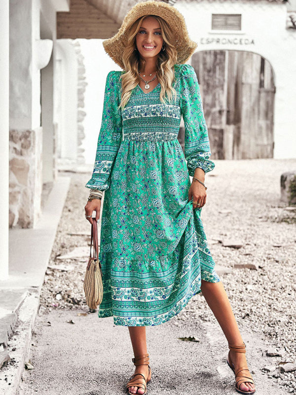 Levoire | Femme Nouvelle Bohème Temps libre Style de vacances Robe à décolleté en V Vert