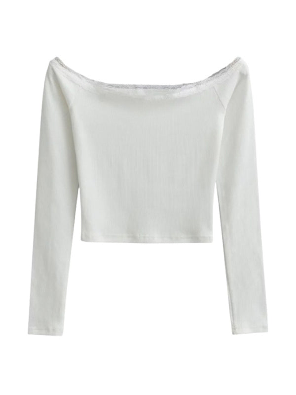 Levoire | Femmes Boot-U-coupe T-shirt à manches longues Patchwork en dentelle Blanc