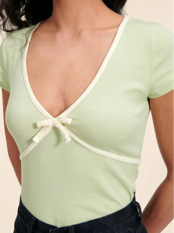 Levoire | Pour Femmes Nouvelle Couleur Profonde V Couleur Contrastée Slim Fit T-shirt En Coton Pur Vert