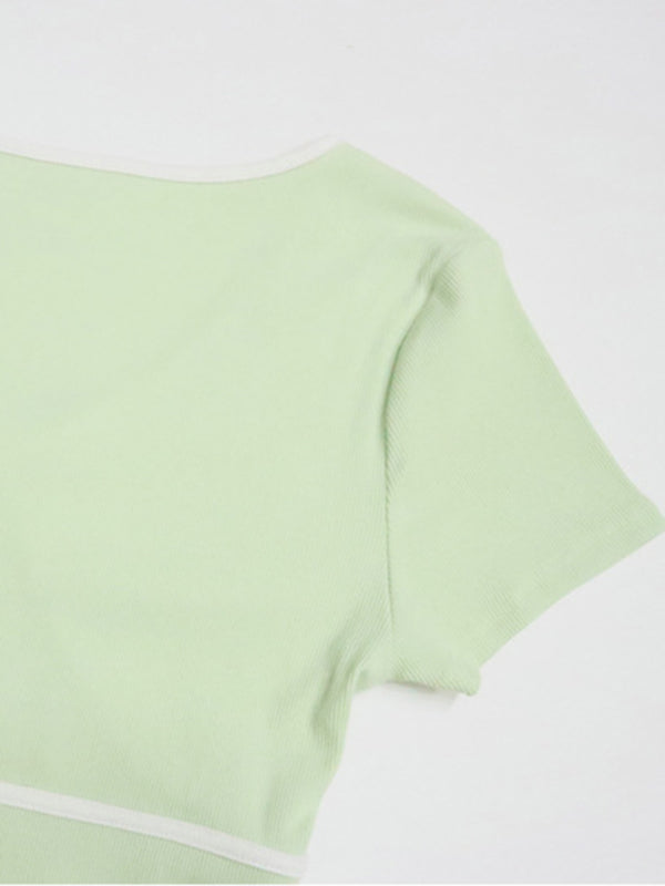 Levoire | Pour Femmes Nouvelle Couleur Profonde V Couleur Contrastée Slim Fit T-shirt En Coton Pur