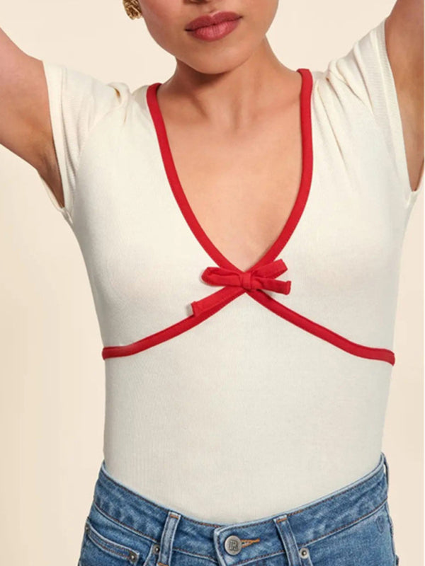 Levoire | Pour Femmes Nouvelle Couleur Profonde V Couleur Contrastée Slim Fit T-shirt En Coton Pur