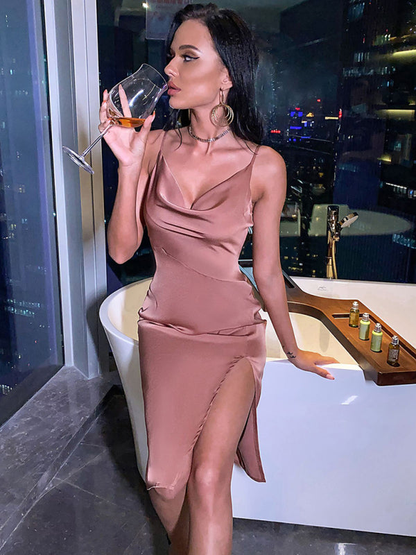 Levoire | Robe à col froncé sans bretelles sexy, robe de soirée élégante en satin