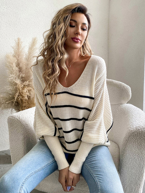 Levoire | Rouva décontracté loose rayé V-épaule longue manches pull