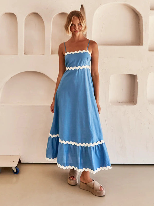 Levoire | Femme Bretelles Imprimé Couleur Contrastée Robe Longue Sikkerbleu