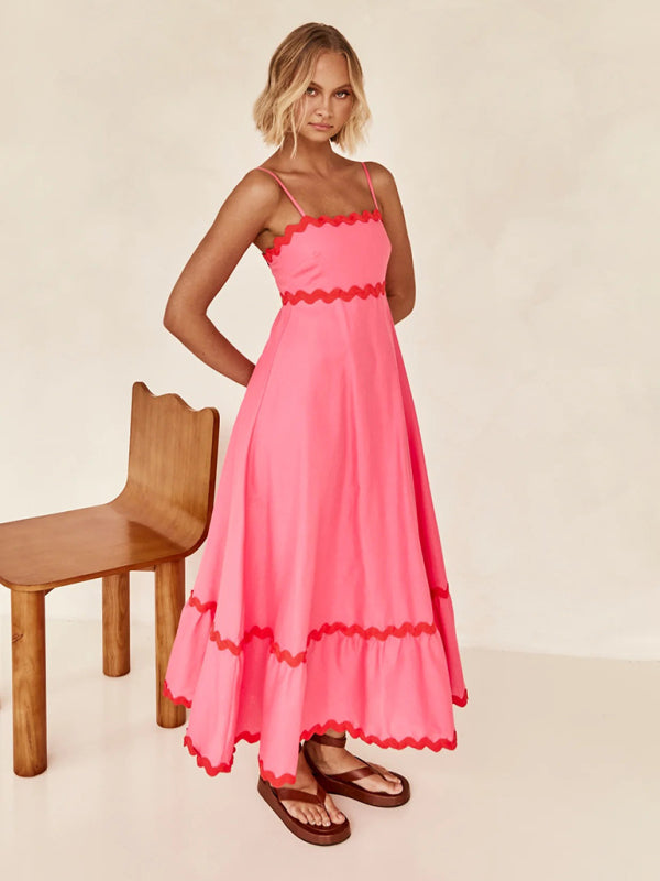 Levoire | Femme Bretelles Imprimé Couleur Contrastée Robe Longue Rosa