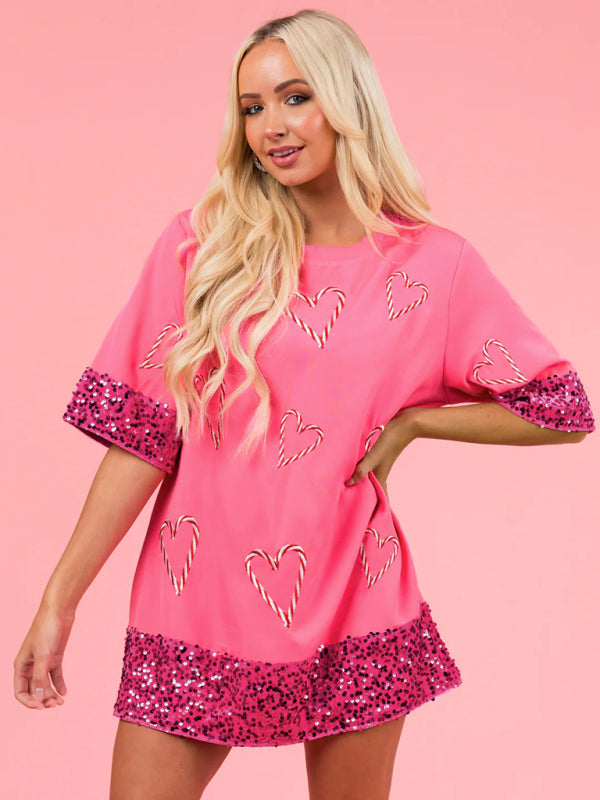 Levoire | Femmes Nouvelles T-shirt de mode pour la Saint-Valentin Décontracté Imprimé pour Femmes Paillettes T-shirt Long Rosa