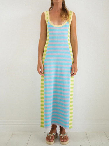 Levoire | Pour femmes Nouvelle Robe Longue Tricotée Décontractée Avec Encolure U-U, Dos Ouvert, Sans Manches et Design en Blocs de Couleurs