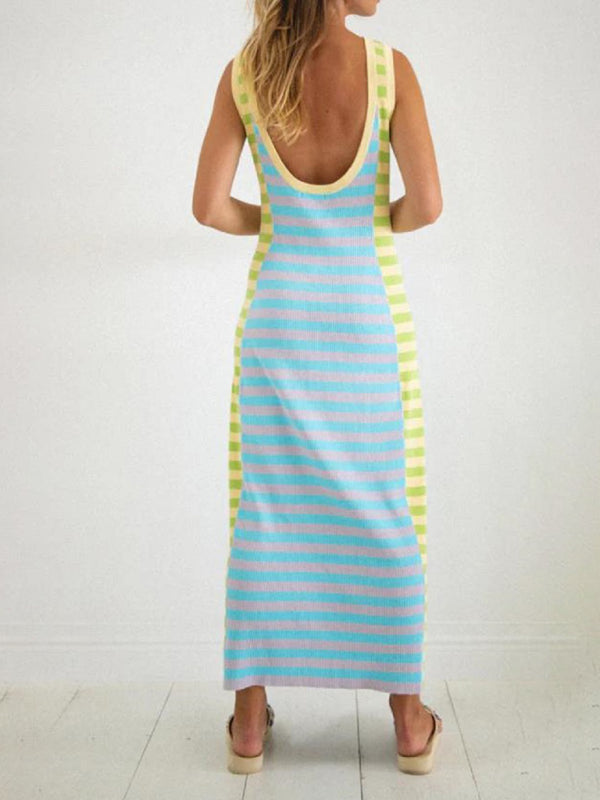 Levoire | Pour femmes Nouvelle Robe Longue Tricotée Décontractée Avec Encolure U-U, Dos Ouvert, Sans Manches et Design en Blocs de Couleurs
