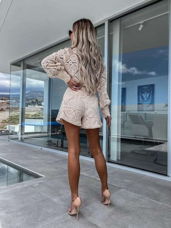Levoire | Nouveau vêtement pour femme unicolore une série chemise dentelle short ensemble
