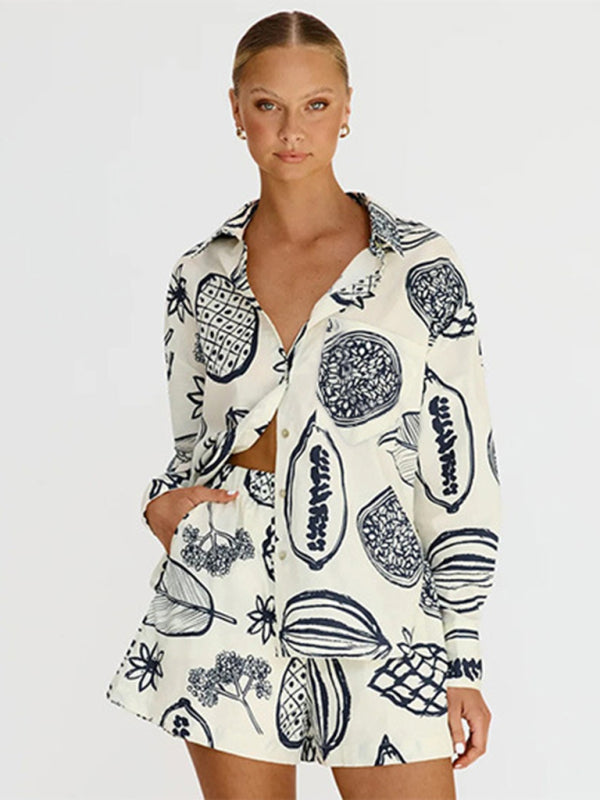 Levoire | Pour femmes Nouveaux Loisirs Premium Imprimé Fruit Shorts Veste Ensemble Blanc