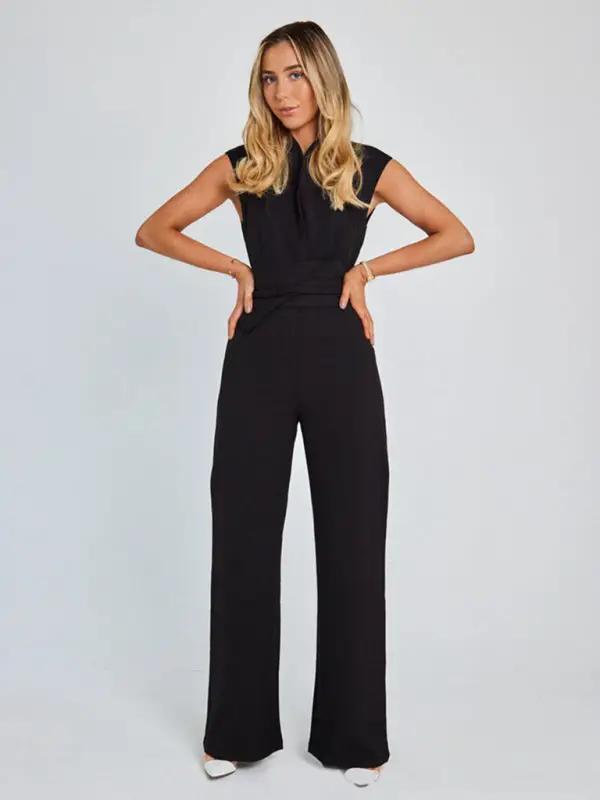 Levoire | Nouveau style Tempérament Ceinture Taille Unie Encolure en V Sans manches Pantalon large Robe