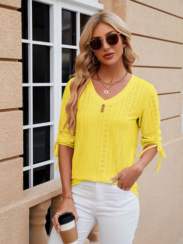 Levoire | Femme V-cou à manches trois quarts Bouton Cordon T-shirt détaché en haut