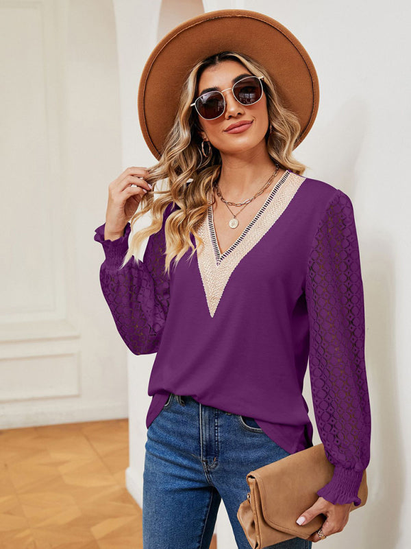 Levoire | T-shirt à manches longues en patchwork à col en V décontracté Violetti