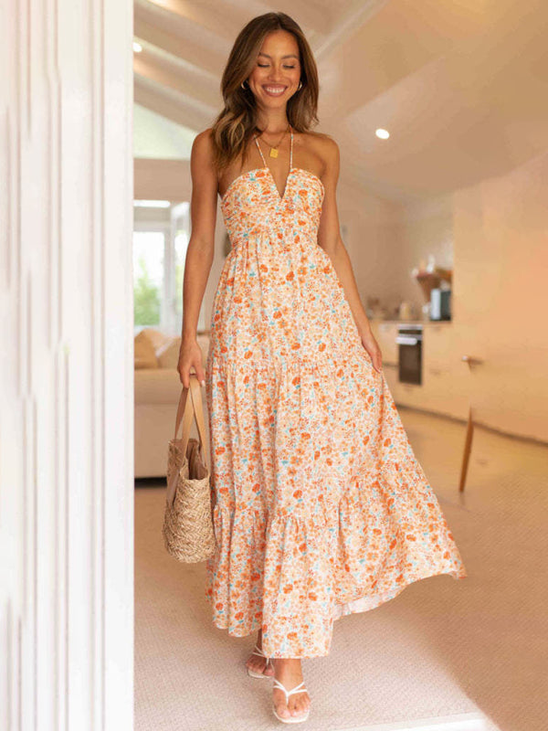 Levoire | Femmes Bohème Épaulette Robe Décolleté V Robe longue Orange