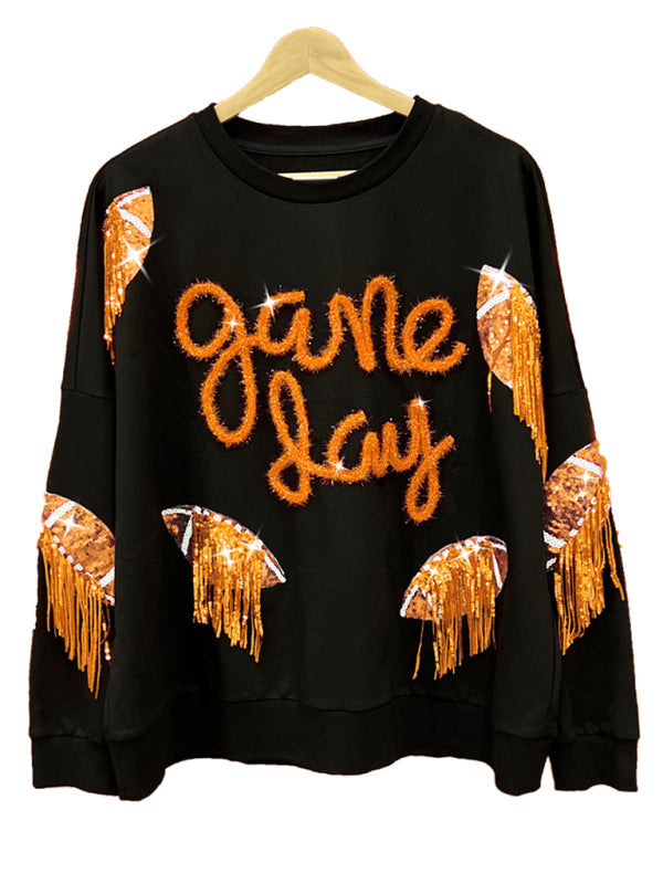 Levoire | Femme Rugby Quaster Paillettes Col Ronde Pull Musta