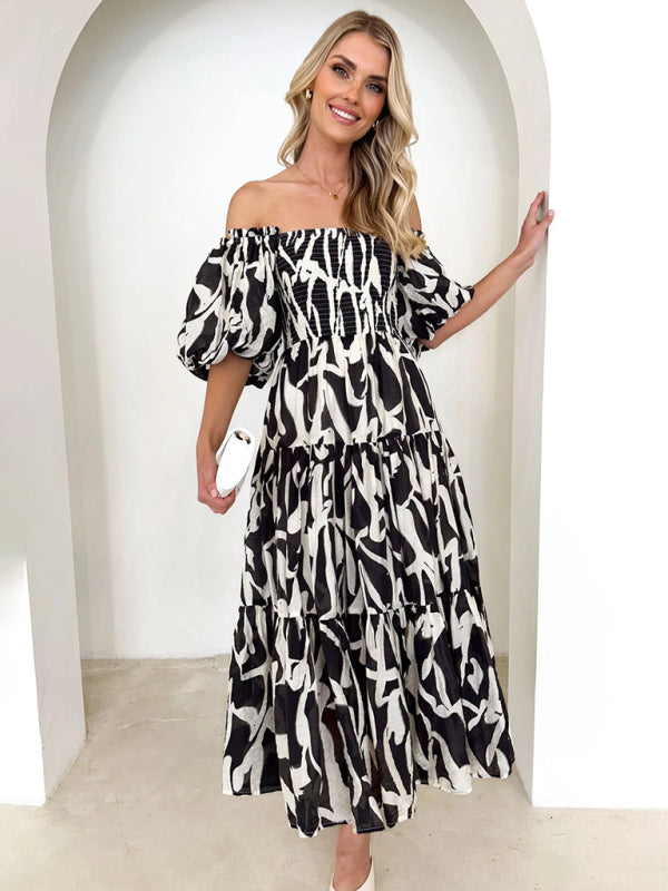 Levoire | Robe à gâteau française en imprimé marbré matelassé de style vacances pour femmes Musta