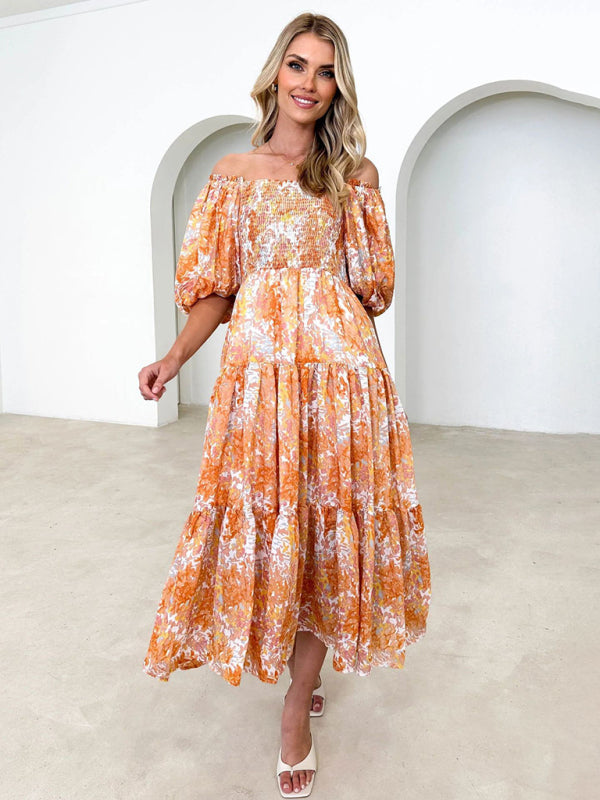 Levoire | Robe à gâteau française en imprimé marbré matelassé de style vacances pour femmes Jaune