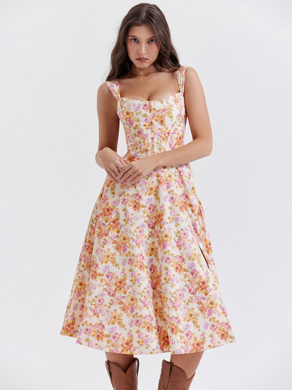 Levoire | Femmes Slim Sans Épaules Sexy Fendue Fleur Robe Orange