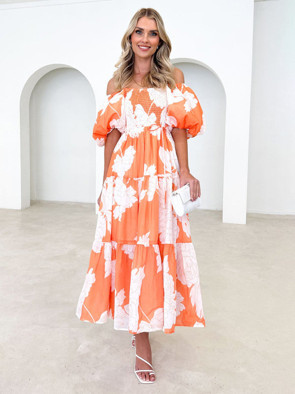 Levoire | Femme Élégante Imprimé Une Épaule Puffi Manches Robe de Mode Orange
