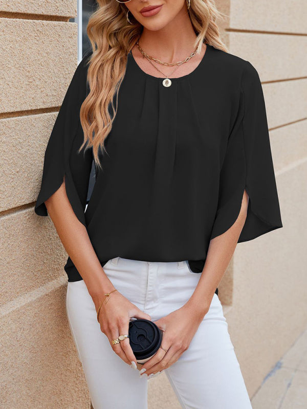 Levoire | Femmes Nouvelle Col Rond Coupe Carrée Haut Chiffon Décontracté Musta