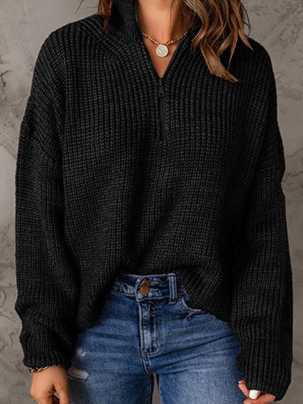 Levoire | Pull à col montant loose à fermeture éclair pour femme à manches longues Musta