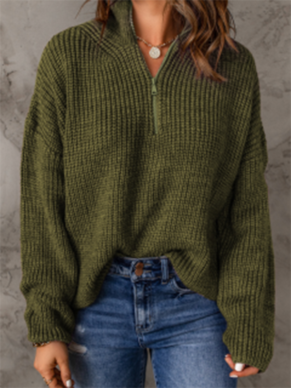 Levoire | Pull à col montant loose à fermeture éclair pour femme à manches longues Vert