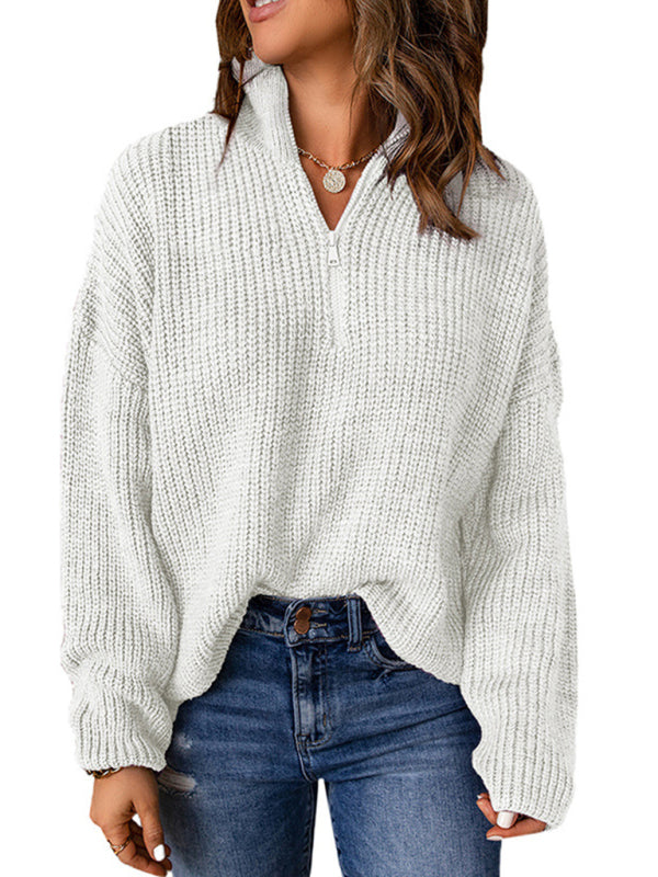 Levoire | Pull à col montant loose à fermeture éclair pour femme à manches longues Blanc