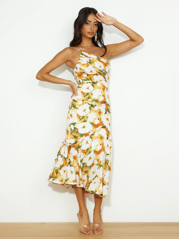 Levoire | Femme nouveau moderne tempérament col en V bretelles impression arête de poisson robe Jaune