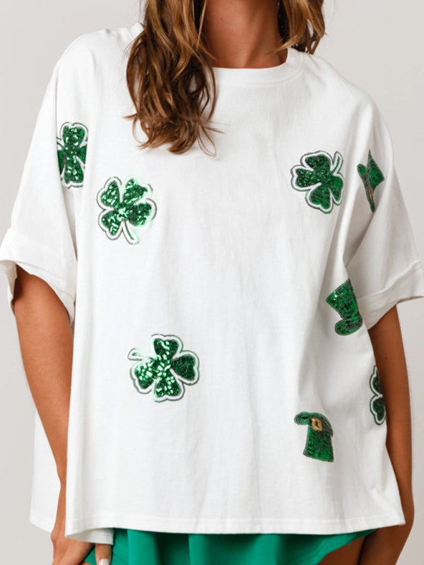 Levoire | Femme Top à paillettes trèfle à trois feuilles de Saint Patrick T-shirt léger
