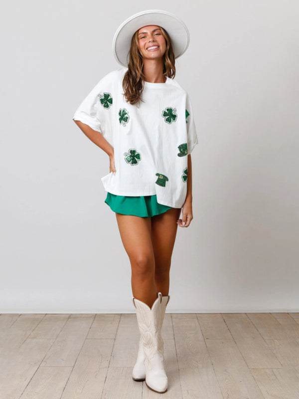 Levoire | Femme Top à paillettes trèfle à trois feuilles de Saint Patrick T-shirt léger