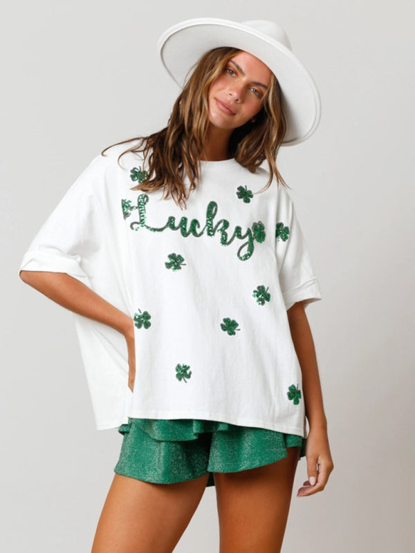 Levoire | Daami St. Patrick trèfles à quatre feuilles heureux en sequins top t-shirt décontracté