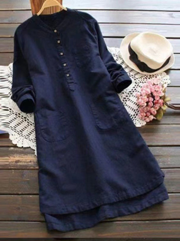 Levoire | Nouvelle robe midi à col Henley unicolore à boutons et manches longues ajustables Champlain-väri