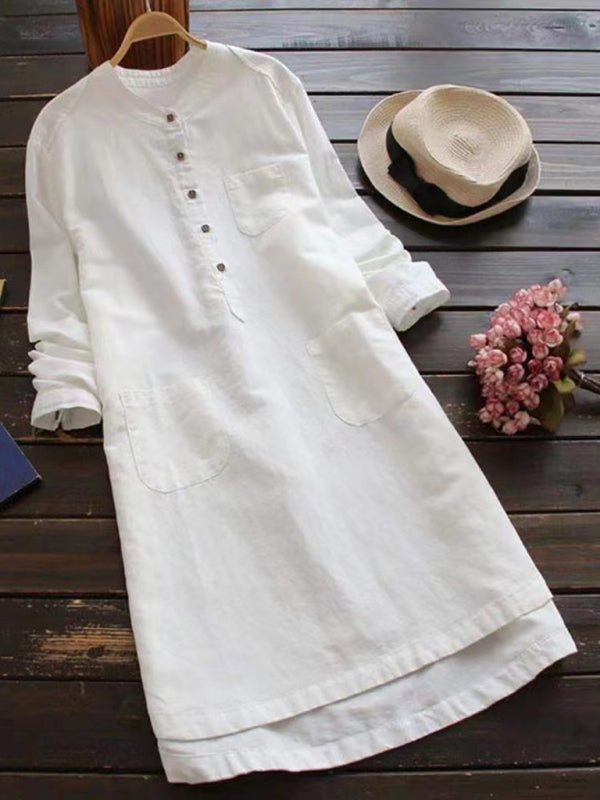 Levoire | Nouvelle robe midi à col Henley unicolore à boutons et manches longues ajustables Blanc