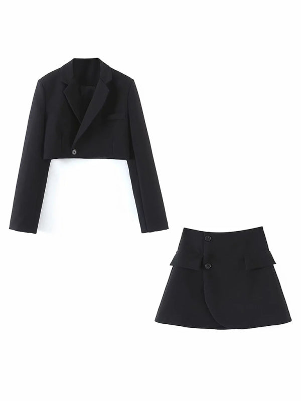 Levoire | Nouvelle veste courte décontractée à bouton en biais tendance + ensemble jupe haute à poches Musta