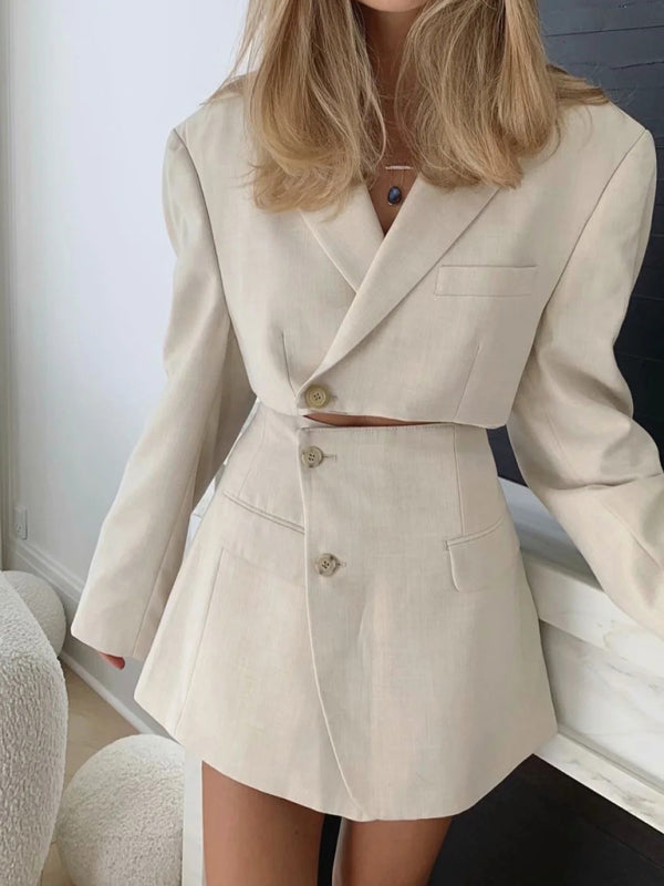 Levoire | Nouvelle veste courte décontractée à bouton en biais tendance + ensemble jupe haute à poches Blanc