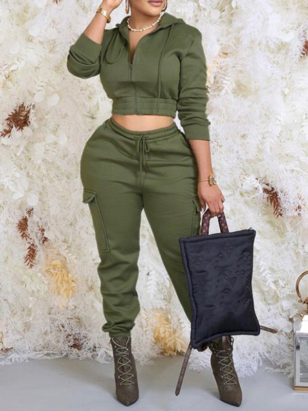 Levoire | élégant sweat à capuche unicolore et pantalon à cordons ensemble deux pièces Vert
