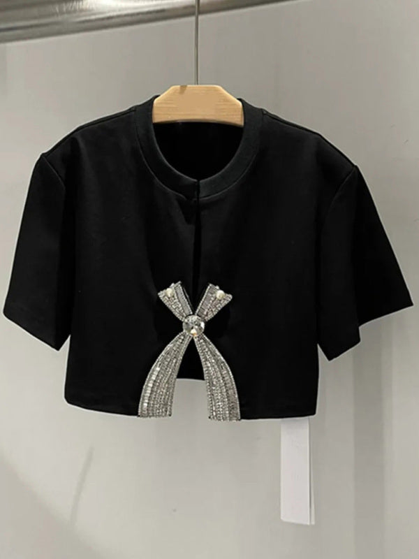 Levoire | Nouveau style à strass diamantés à mancherons courts unicolore top fendu Musta