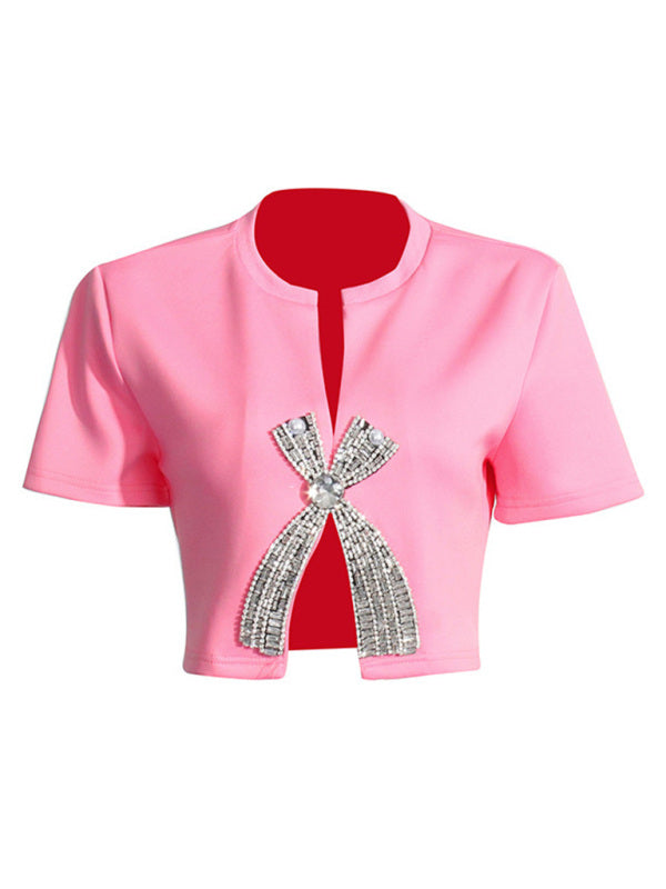 Levoire | Nouveau style à strass diamantés à mancherons courts unicolore top fendu Rosa