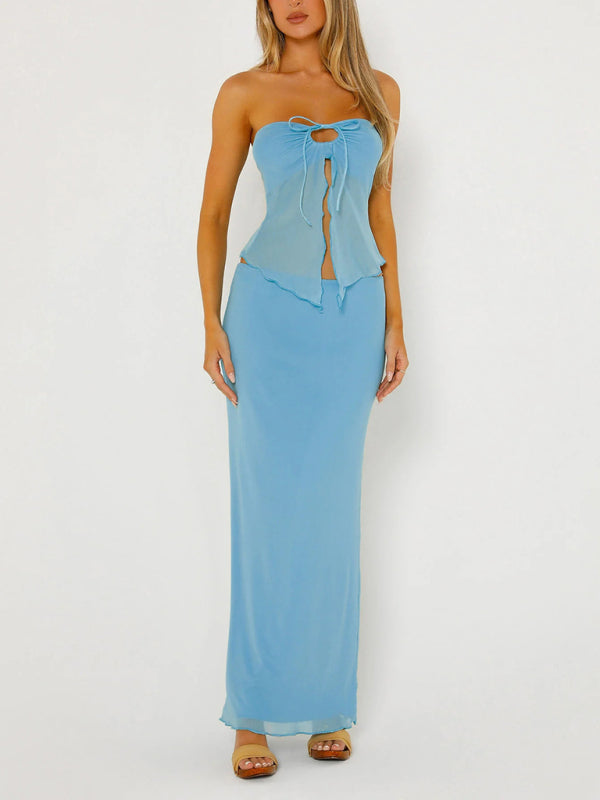 Levoire | Temperament uni couleur sans bretelles tulle double couche fente pipe intermédiaire longue jupe tenue