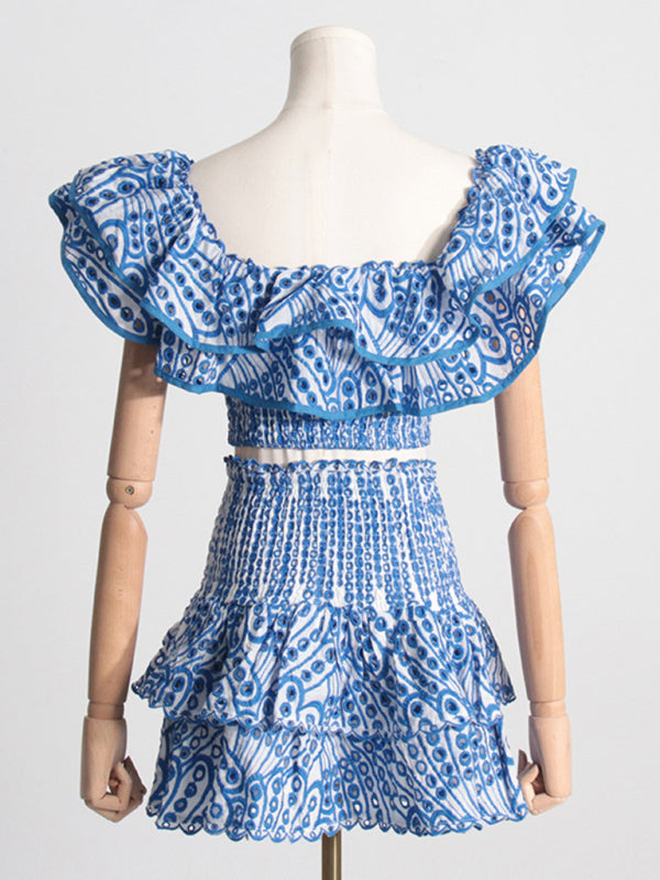 Levoire | Nouvelle blouse courte à col français, jupe à couches haute taille, ensemble deux pièces sexy