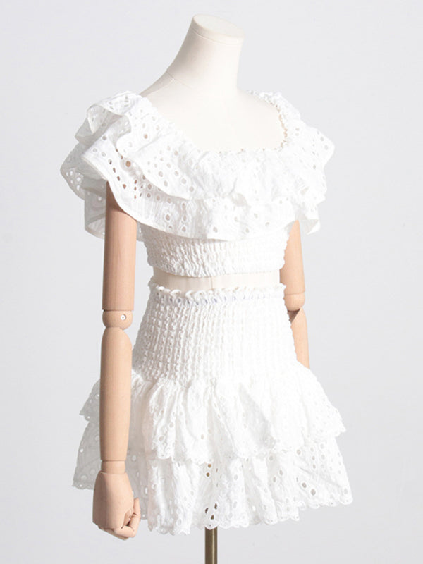 Levoire | Nouvelle blouse courte à col français, jupe à couches haute taille, ensemble deux pièces sexy