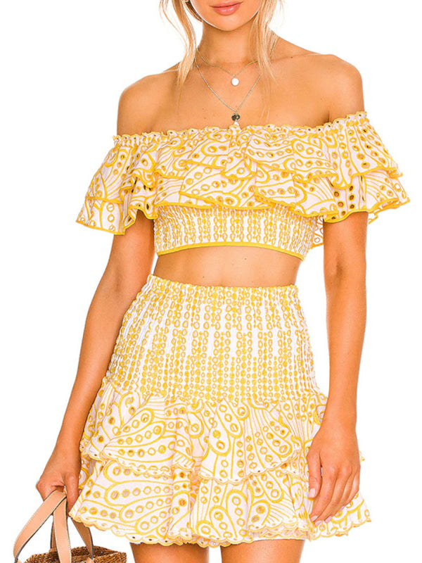 Levoire | Nouvelle blouse courte à col français, jupe à couches haute taille, ensemble deux pièces sexy Jaune