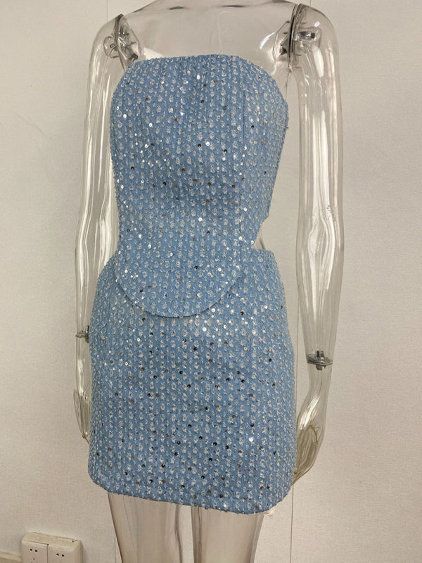 Levoire | Robe combinée sexy en Denim à paillettes Slim Pipe